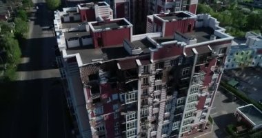 Destroyed residential modern house after air attack. War in Ukraine. Catastrophe. Holes in the walls from shells. Catastrophe. Aerial. Gostomel city. 