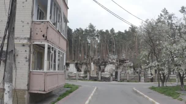 Damaged Residential Building Bucha City Kyiv Region Fighting Russian Attack — стокове відео