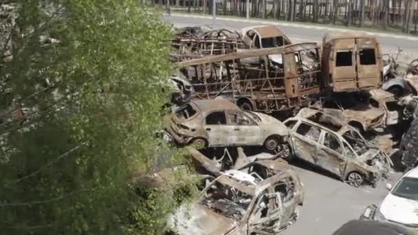Consequences War Russia Peaceful City Kiev Capital Ukraine Destroyed Cars — Video Stock