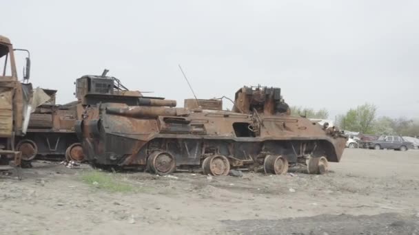 Destroyed Military Convoy Burnt Combat Vehicles Rusty Tech Consequences Artillery — стокове відео