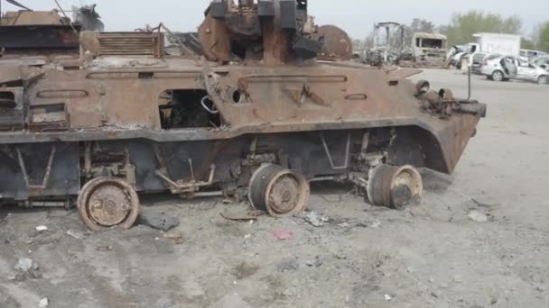 Destroyed Military Convoy Burnt Combat Vehicles Rusty Tech Consequences Artillery — стокове відео