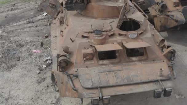 Destroyed Military Convoy Burnt Combat Vehicles Rusty Tech Consequences Artillery — Vídeos de Stock