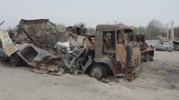 Destroyed Military Convoy Burnt Combat Vehicles Rusty Tech Consequences Artillery — Wideo stockowe