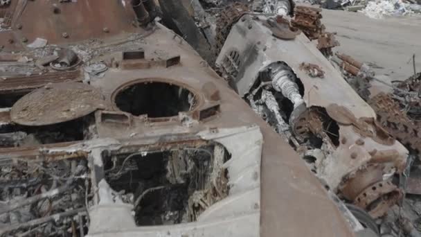Destroyed Military Convoy Burnt Combat Vehicles Rusty Tech Consequences Artillery — Vídeo de Stock