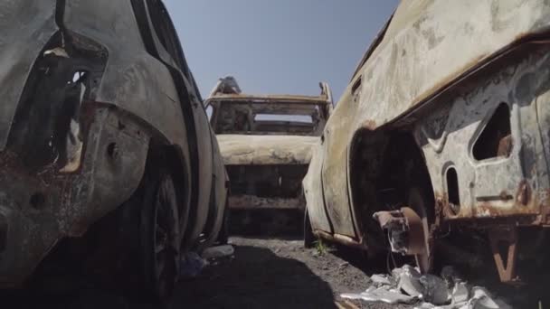 Consequences War Russia Peaceful City Kiev Capital Ukraine Destroyed Cars — Video Stock