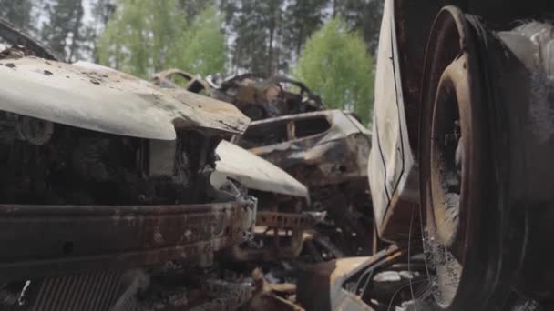 Consequences War Russia Peaceful City Kiev Capital Ukraine Destroyed Cars — Stock videók