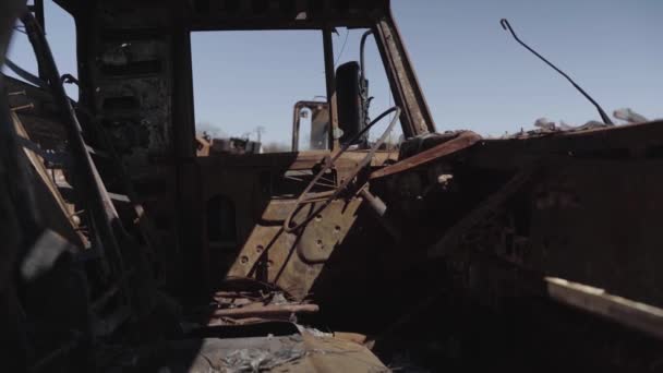 Burnt Military Equipment Missile Attack Abandoned Rusty Military Equipment City — стокове відео