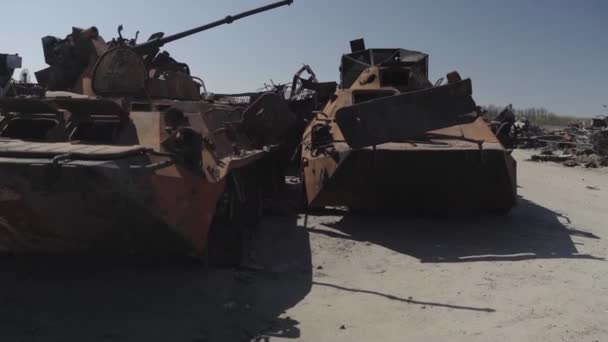 Burnt Military Equipment Missile Attack Abandoned Rusty Military Equipment City — Video Stock