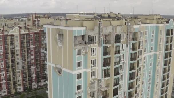 Bombed Out Modern Residential Building City Bucha Aerial War Ukraine — Stockvideo