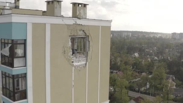 Bombed Out Modern Residential Building City Bucha Aerial War Ukraine — 图库视频影像