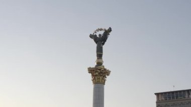 The main stele on Independence Square. Symbol of freedom of Ukraine. City center. Kyiv. Aerial