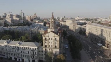 The main street Khreschatyk in the city center of Kyiv. Ukraine. Europe. Traffic and pedestrians. Summer. Aerial