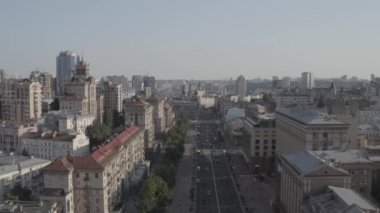 The main street Khreschatyk in the city center of Kyiv. Ukraine. Europe. Traffic and pedestrians. Summer. Aerial