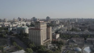 Center of Maidan square or Maydan Nezalezhnosti near the Independence Monument statue at the Independence Square in Kyiv. Ukraine. Aerial. Summer