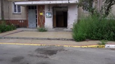 The apartment of the inhabitants after the evacuation during the bombing of a peaceful city. Left belongings of residents. Bombed apartments. Fire in the house. Traces of hits from. Irpin. Ukraine.