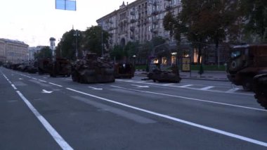 KYIV, UKRAINE - Aug 24, 2022: Destroyed military equipment of the Russian army. War in Ukraine. Exhibition of enemy equipment on the main street Khreshchatyk on the Independence Day.