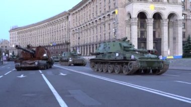 KYIV, UKRAINE - Aug 24, 2022: Destroyed military equipment of the Russian army. War in Ukraine. Exhibition of enemy equipment on the main street Khreshchatyk on the Independence Day.