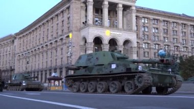 KYIV, UKRAINE - Aug 24, 2022: Destroyed military equipment of the Russian army. War in Ukraine. Exhibition of enemy equipment on the main street Khreshchatyk on the Independence Day.