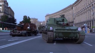 KYIV, UKRAINE - Aug 24, 2022: Destroyed military equipment of the Russian army. War in Ukraine. Exhibition of enemy equipment on the main street Khreshchatyk on the Independence Day.
