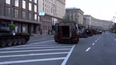 KYIV, UKRAINE - Aug 24, 2022: Destroyed military equipment of the Russian army. War in Ukraine. Exhibition of enemy equipment on the main street Khreshchatyk on the Independence Day.