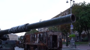 KYIV, UKRAINE - Aug 24, 2022: Destroyed military equipment of the Russian army. War in Ukraine. Exhibition of enemy equipment on the main street Khreshchatyk on the Independence Day.