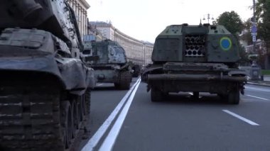 KYIV, UKRAINE - Aug 24, 2022: Destroyed military equipment of the Russian army. War in Ukraine. Exhibition of enemy equipment on the main street Khreshchatyk on the Independence Day.