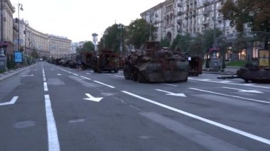 KYIV, UKRAINE - Aug 24, 2022: Destroyed military equipment of the Russian army. War in Ukraine. Exhibition of enemy equipment on the main street Khreshchatyk on the Independence Day.