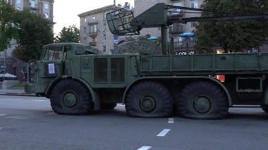 KYIV, UKRAINE - Aug 24, 2022: Destroyed military equipment of the Russian army. War in Ukraine. Exhibition of enemy equipment on the main street Khreshchatyk on the Independence Day.