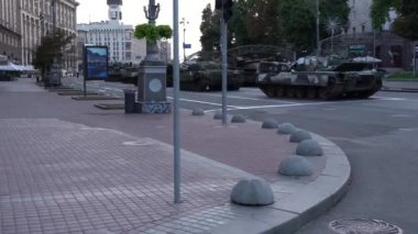 KYIV, UKRAINE - Aug 24, 2022: Destroyed military equipment of the Russian army. War in Ukraine. Exhibition of enemy equipment on the main street Khreshchatyk on the Independence Day.