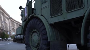 KYIV, UKRAINE - Aug 24, 2022: Destroyed military equipment of the Russian army. War in Ukraine. Exhibition of enemy equipment on the main street Khreshchatyk on the Independence Day.