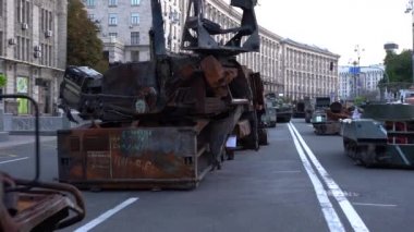 KYIV, UKRAINE - Aug 24, 2022: Destroyed military equipment of the Russian army. War in Ukraine. Exhibition of enemy equipment on the main street Khreshchatyk on the Independence Day.