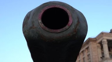 KYIV, UKRAINE - Aug 24, 2022: Destroyed military equipment of the Russian army. War in Ukraine. Exhibition of enemy equipment on the main street Khreshchatyk on the Independence Day.