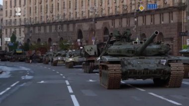 KYIV, UKRAINE - Aug 24, 2022: Destroyed military equipment of the Russian army. War in Ukraine. Exhibition of enemy equipment on the main street Khreshchatyk on the Independence Day.