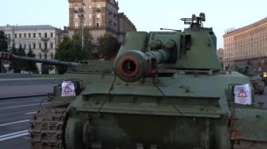 KYIV, UKRAINE - Aug 24, 2022: Destroyed military equipment of the Russian army. War in Ukraine. Exhibition of enemy equipment on the main street Khreshchatyk on the Independence Day.