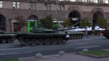 KYIV, UKRAINE - Aug 24, 2022: Destroyed military equipment of the Russian army. War in Ukraine. Exhibition of enemy equipment on the main street Khreshchatyk on the Independence Day.