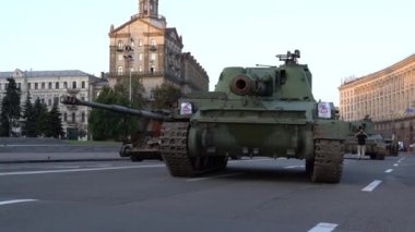 KYIV, UKRAINE - Aug 24, 2022: Destroyed military equipment of the Russian army. War in Ukraine. Exhibition of enemy equipment on the main street Khreshchatyk on the Independence Day.