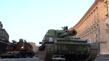 KYIV, UKRAINE - Aug 24, 2022: Destroyed military equipment of the Russian army. War in Ukraine. Exhibition of enemy equipment on the main street Khreshchatyk on the Independence Day.