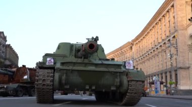 KYIV, UKRAINE - Aug 24, 2022: Destroyed military equipment of the Russian army. War in Ukraine. Exhibition of enemy equipment on the main street Khreshchatyk on the Independence Day.