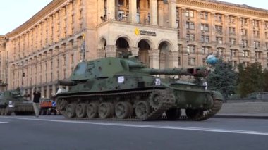 KYIV, UKRAINE - Aug 24, 2022: Destroyed military equipment of the Russian army. War in Ukraine. Exhibition of enemy equipment on the main street Khreshchatyk on the Independence Day.