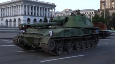 KYIV, UKRAINE - Aug 24, 2022: Destroyed military equipment of the Russian army. War in Ukraine. Exhibition of enemy equipment on the main street Khreshchatyk on the Independence Day.
