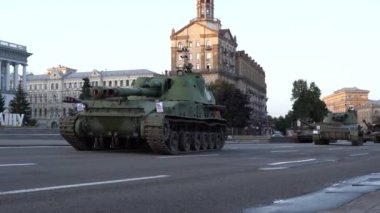 KYIV, UKRAINE - Aug 24, 2022: Destroyed military equipment of the Russian army. War in Ukraine. Exhibition of enemy equipment on the main street Khreshchatyk on the Independence Day.
