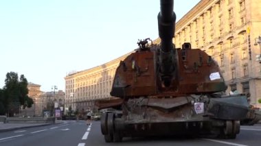 KYIV, UKRAINE - Aug 24, 2022: Destroyed military equipment of the Russian army. War in Ukraine. Exhibition of enemy equipment on the main street Khreshchatyk on the Independence Day.
