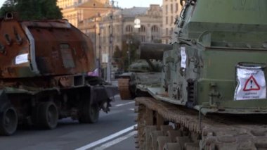 KYIV, UKRAINE - Aug 24, 2022: Destroyed military equipment of the Russian army. War in Ukraine. Exhibition of enemy equipment on the main street Khreshchatyk on the Independence Day.