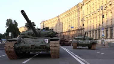 KYIV, UKRAINE - Aug 24, 2022: Destroyed military equipment of the Russian army. War in Ukraine. Exhibition of enemy equipment on the main street Khreshchatyk on the Independence Day.