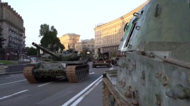 KYIV, UKRAINE - Aug 24, 2022: Destroyed military equipment of the Russian army. War in Ukraine. Exhibition of enemy equipment on the main street Khreshchatyk on the Independence Day.