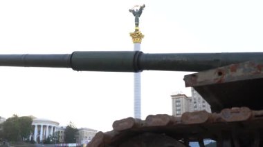 Kyiv, Ukraine - August 24, 2022: Independence Day on Kiev's central street Khreshchatyk. Destroyed burnt Russian military equipment in the center of Kyiv. Parade on Independence Day. 