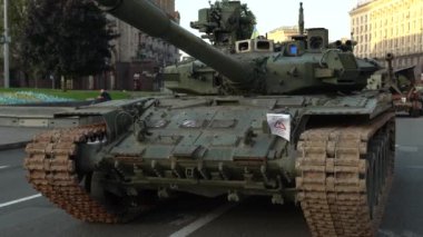 Kyiv, Ukraine - August 24, 2022: Independence Day on Kiev's central street Khreshchatyk. Destroyed burnt Russian military equipment in the center of Kyiv. Parade on Independence Day. 