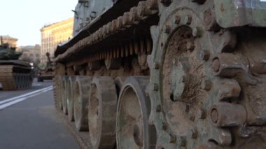Kyiv, Ukraine - August 24, 2022: Independence Day on Kiev's central street Khreshchatyk. Destroyed burnt Russian military equipment in the center of Kyiv. Parade on Independence Day. 