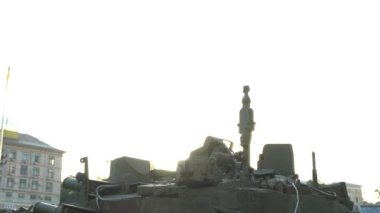 Kyiv, Ukraine - August 24, 2022: Independence Day on Kiev's central street Khreshchatyk. Destroyed burnt Russian military equipment in the center of Kyiv. Parade on Independence Day. 
