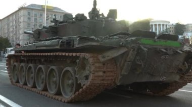 Kyiv, Ukraine - August 24, 2022: Independence Day on Kiev's central street Khreshchatyk. Destroyed burnt Russian military equipment in the center of Kyiv. Parade on Independence Day. 